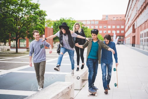 Preview: Group of young multiethnic friends walking
