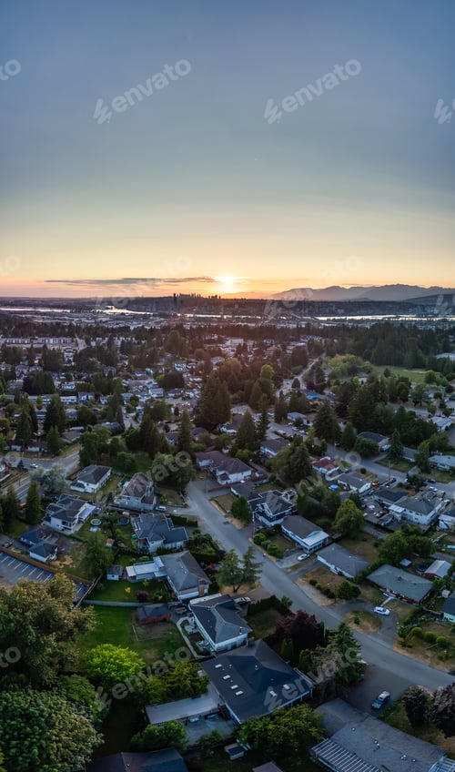 Preview: Aerial City view at sunny sunset. Surrey, Vancouver, BC, Canada