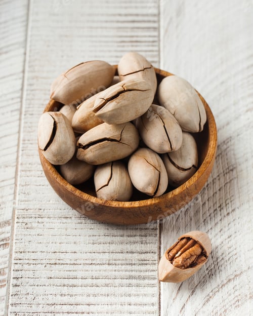 Preview: Inshell pecans in a wooden plate on a white wooden background. Nuts.