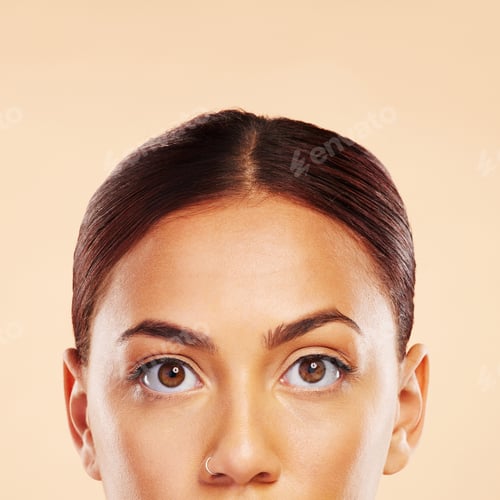 Preview: Face, skincare mockup or portrait of woman in studio isolated on beige background for a beauty aest