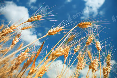Preview: Ripe wheat spikelets against deep blue sky with clouds