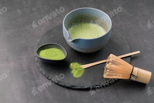 Preview: Traditional green matcha kit, Bamboo whisk and beverage on slate plate