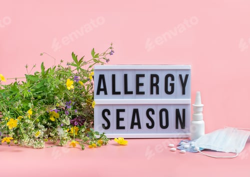 Preview: The concept combating preventing seasonal allergies. Fresh flowers medical mask pills drops medicine