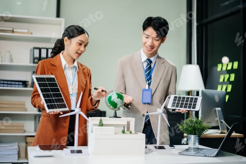 Preview: Young professionals for a greener future. Showcasing renewable energy solutions with solar panels,