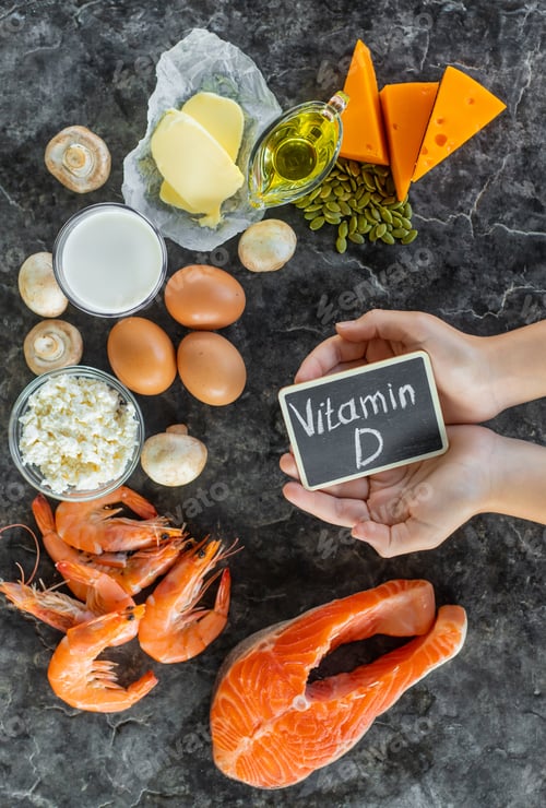 Preview: Products containing vitamin D. Selective focus.