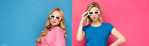 Preview: panoramic orientation of blonde girls in 3d glasses on pink and blue background