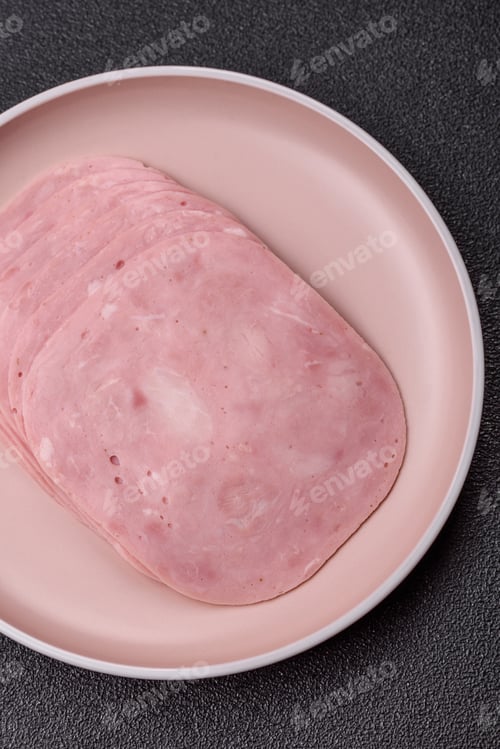 Preview: Sliced ham, meat or pork sausage for sandwiches. Cooked smoked prosciutto, ham