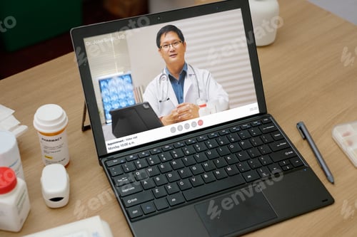 Preview: asian woman telemedicine doctor online visit with computer at home
