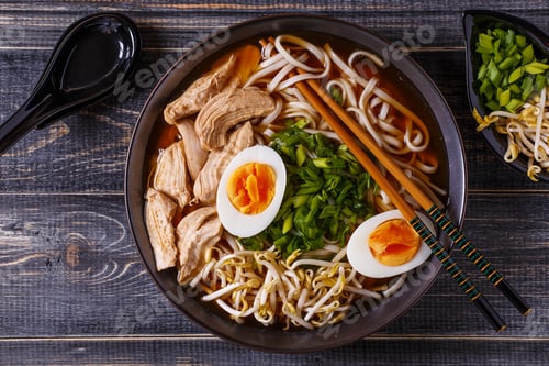 Preview: Japanese ramen soup with chicken, egg, chives and sprout.