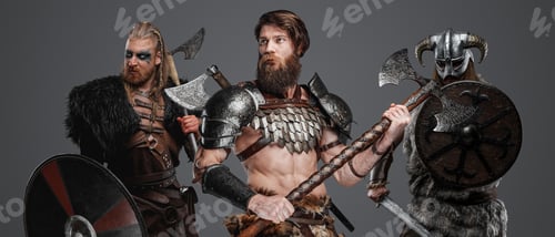 Preview: Nordic barbarians from past with armor shield and axes