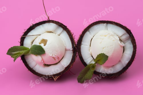 Preview: Vanilla ice cream balls in fresh coconut halves decorated with mint leaves on a pink background