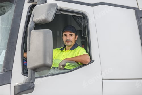Preview: Confident male driver sitting in white truck and looking at camera