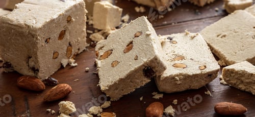 Preview: Halva almond nuts slices on wooden table background