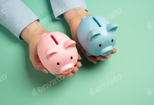 Preview: Pink and Blue Piggy Banks Held by Hands