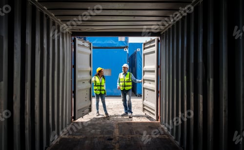 Preview: Engineers wearing safe uniform with radio communication working in the construction container dock y