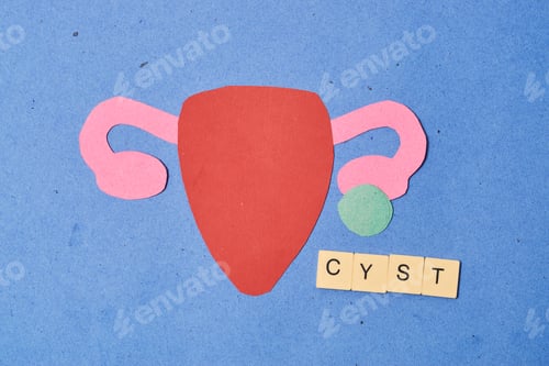 Preview: Female uterus made of paper with cyst. Concept Ovarian cyst.