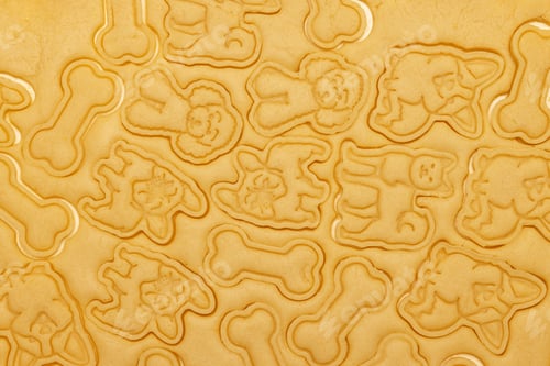Preview: Carved cookies in the shape of bones and dogs on a raw rolled dough