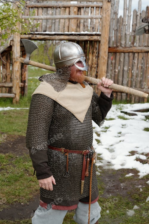 Preview: Dressed as Medieval Viking Warrior Standing Outdoors