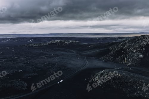 Preview: Two Cars in the middle of large volcanic ash fields in Hekla, Iceland