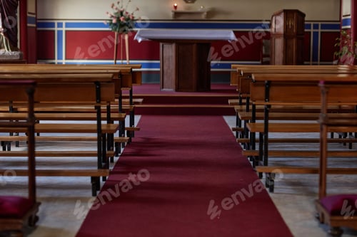Preview: Old cathedral with altar and benches