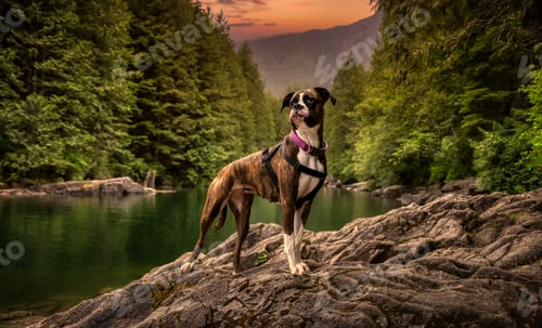 Preview: Playful and Funny Boxer Dog standing by the river