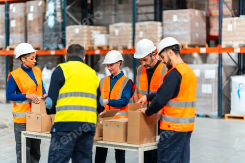 Preview: Logistics warehouse workers collaborating on packaging and distribution