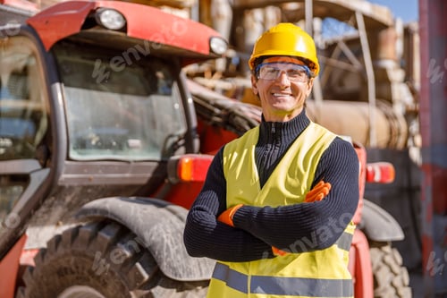 Preview: Joyful male engineer standing by tractor at factory