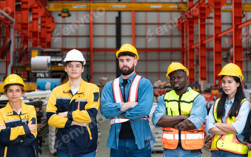 Preview: Portrait of confident factory workers standing with arms crossed and looking at camera