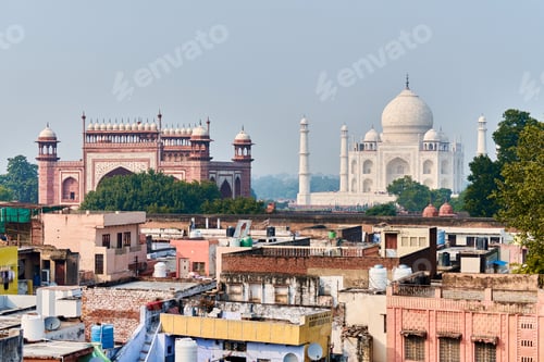 Preview: Taj Mahal white marble mausoleum landmark in Agra, Uttar Pradesh, India, view from rooftop
