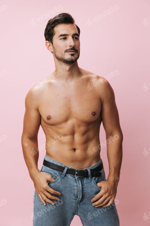 Preview: Man sexy naked belt sport jeans torso background lifestyle body muscular fitness pink muscle