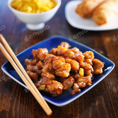 Preview: chinese food - orange chicken on blue plate