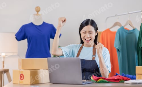 Preview: Portrait of young attractive Asian female owner startup business work happy with box at home prepare