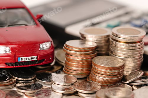 Preview: Car on coins background : Car loan, Finance, saving money, insurance and leasing time concepts.