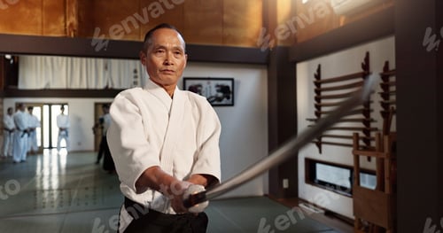 Preview: Aikido, katana and master fight with a sword in traditional Japanese class, gym or competition. Mar