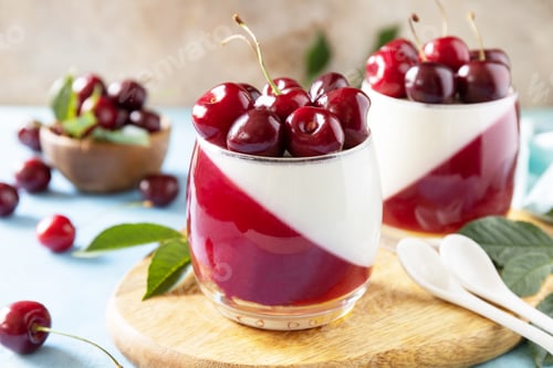Preview: Panna cotta with sweet cherry jelly on a stone tabletop