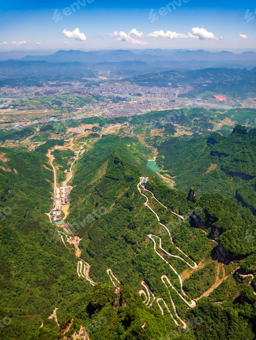 Preview: Aerial view of tianmen city with curve road to the mountain, China