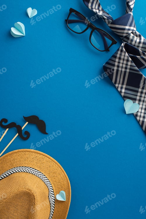 Preview: Creative vertical flat lay for Father's Day featuring a straw hat, stylish glasses
