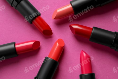 Preview: Beautiful lipsticks on pink background, flat lay