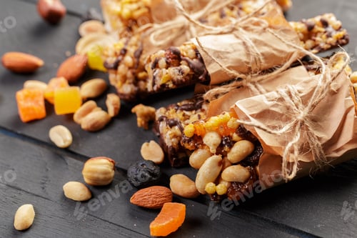 Preview: Healthy snack bars with nuts and fruits on a wooden table for a quick bite