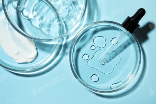 Preview: Flat lay composition with Petri dishes on light blue background
