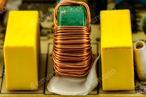 Preview: An inductor, toroidal coil on a ring with visible copper scroll, wound on a magnetic coil.
