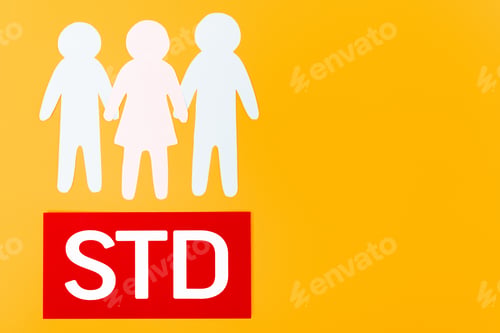 Preview: top view of three paper people near paper with std lettering isolated on orange