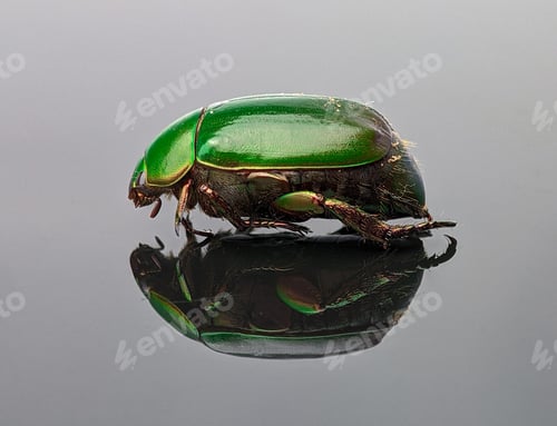 Preview: Closeup of a green beetle with reflection on a black acrylic board
