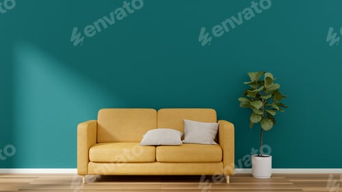Vista previa: View of living room in minimal style with yellow sofa and fiddle fig on laminate floor