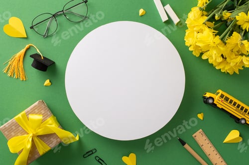 Preview: Celebrate Teacher's Day. Top view shot of chrysanthemums, present, chalk, glasses, paper hearts