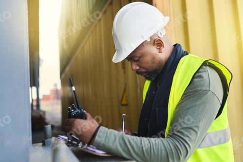 Preview: Logistics, supply chain and documents with a man shipping worker on a commercial container dock wit
