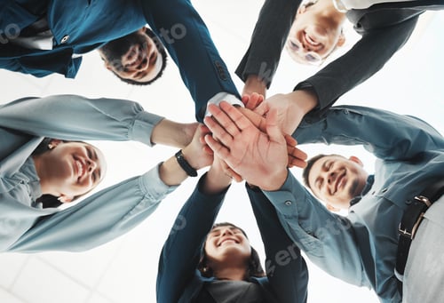 Preview: Business people, hands together and unity below for agreement, teamwork or collaboration at office.