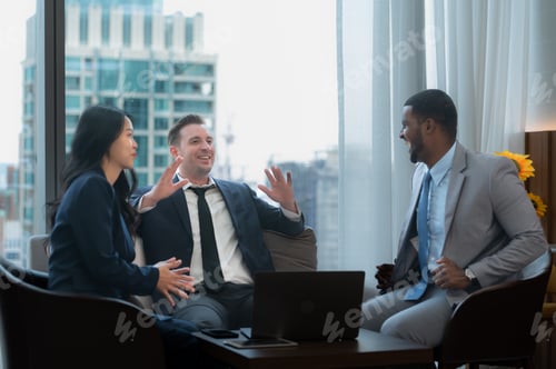Preview: New business group discuss and exchange ideas while relaxing in the office room.