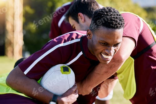 Preview: Sports, team and rugby match on a field by men in training, practice or match outdoors. Fitness, gr