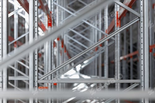 Preview: Background industrial metal shelving racks in a warehouse or factory